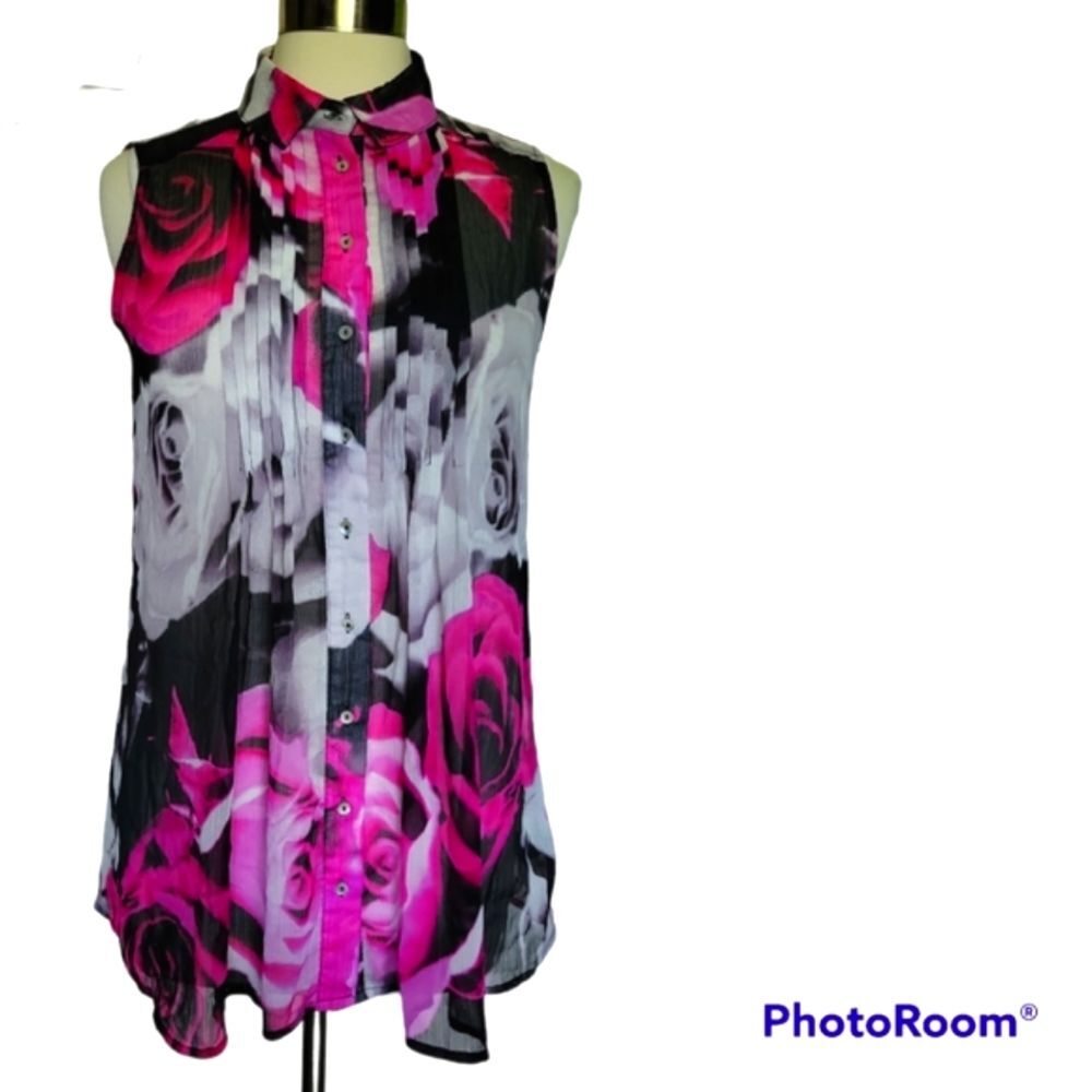 *FEVER* SHEER ROSE SLEEVELESS BUTTON FRONT TOP - M - Picture 3 of 10